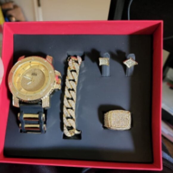 Gold Fully Iced Out Watch & Jewelry Set w/Cuban Chain Bracelet, Earrings & Ring - Picture 6 of 6